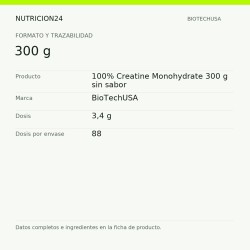 100% Creatine Monohydrate 300 g sin sabor - 300 g | Nutricion24