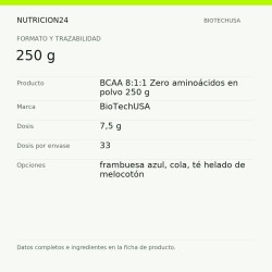 BCAA 8:1:1 Zero aminoácidos en polvo 250 g - 250 g | Nutricion24
