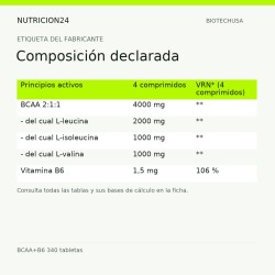 BCAA+B6 340 tabletas - Composición declarada | Nutricion24